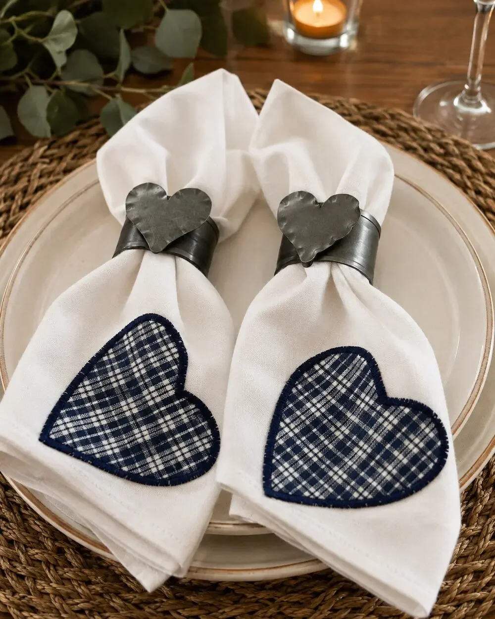 Heart Napkin Rings With Embroidered Heart Napkins Set Of 2 Farmhouse Country